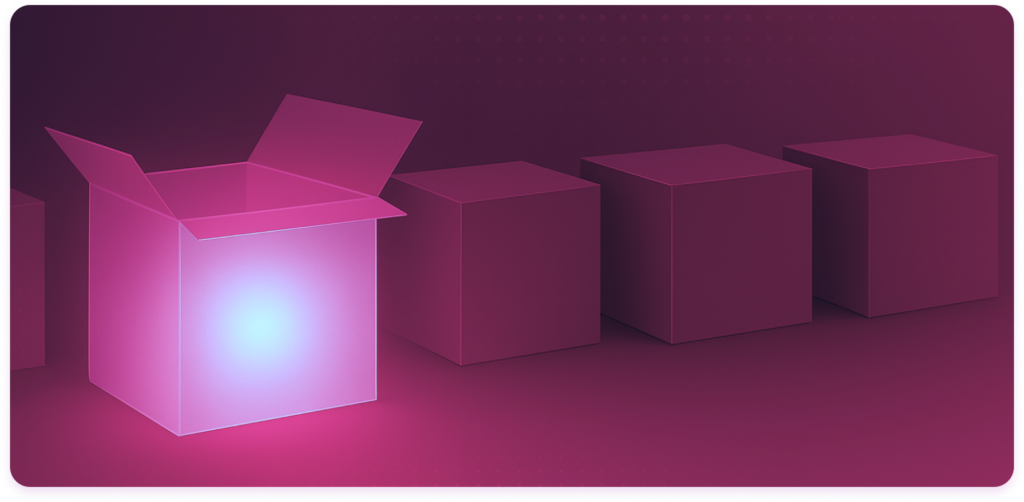 Illustration of a glowing open box among closed boxes, symbolizing transparency in AI systems as a contrast to black-box AI.