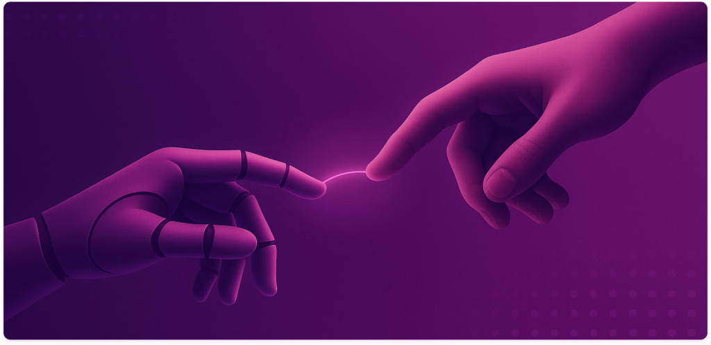 Human and robotic hands connecting to symbolize AI learning through real human collaboration